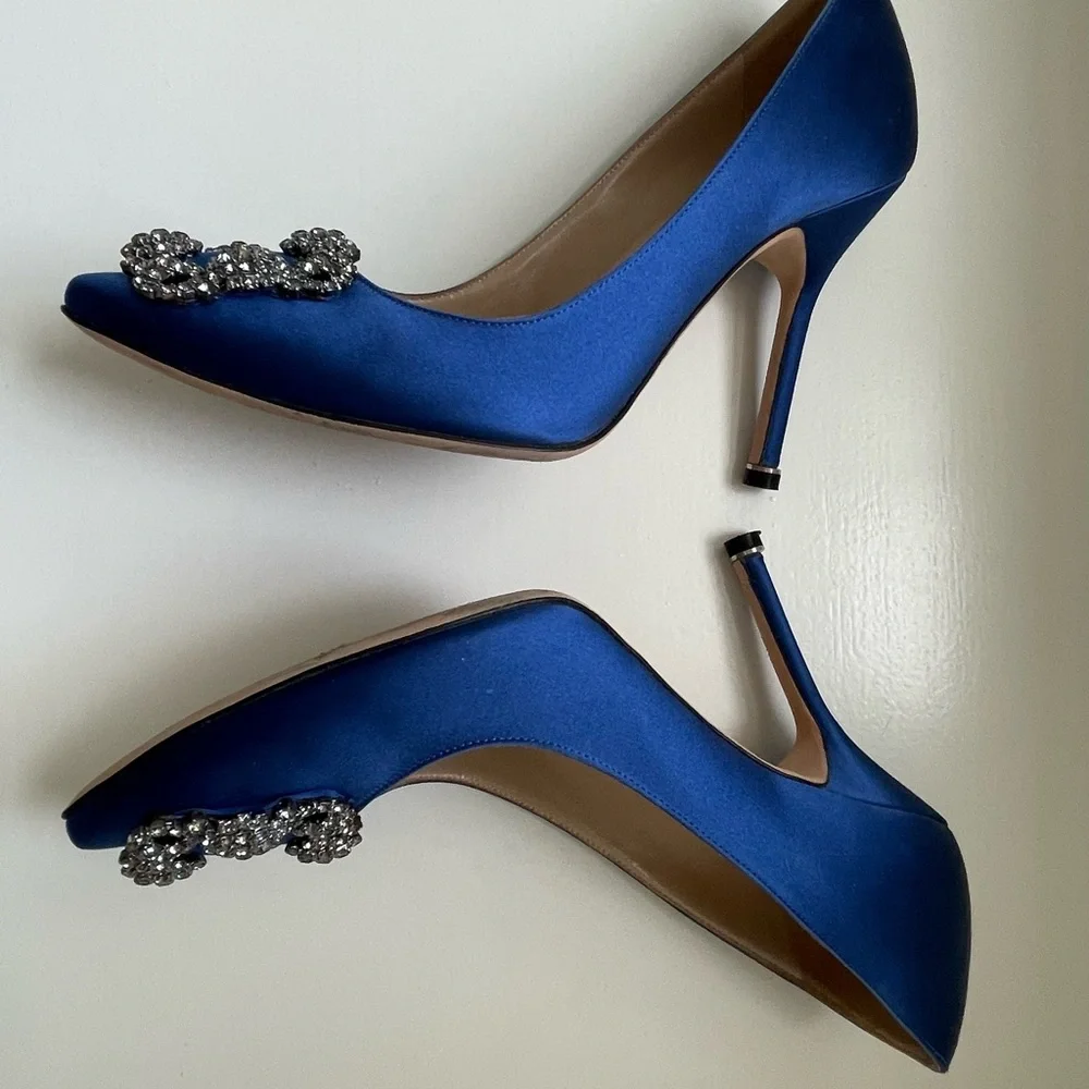 Manolo Blahnik Hangisi Blue Satin Jewel Pumps - Picture 9 of 13